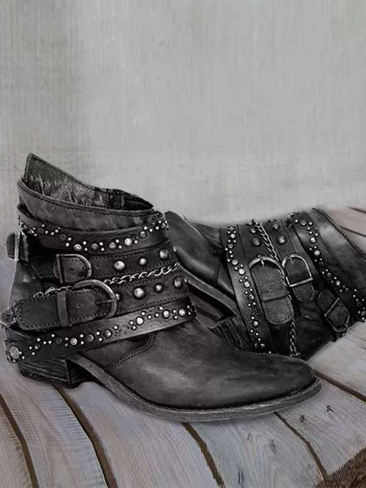 Raven | Vintage Biker-Stiefeletten mit Nieten & Schnallen