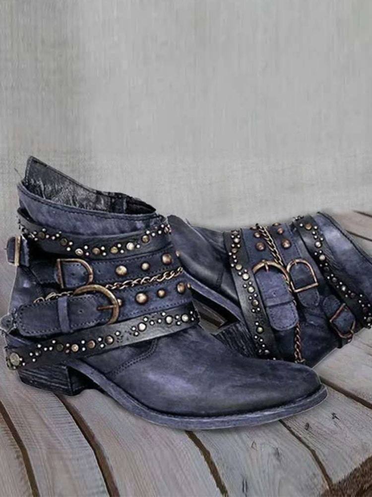 Raven | Vintage Biker-Stiefeletten mit Nieten & Schnallen