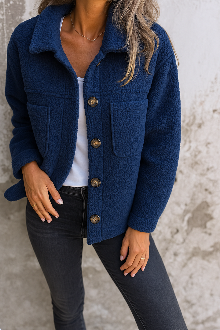 Damen Teddyjacke Übergangsjacke Plüsch Knopfleiste Baumwollmix - BXRLIN