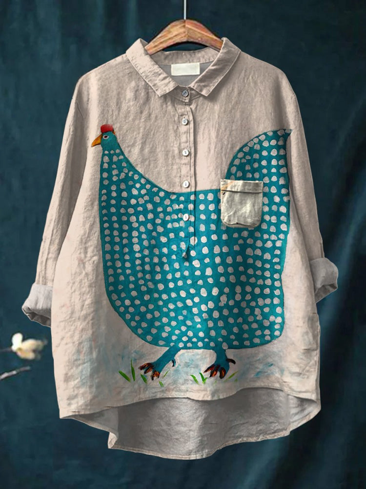 Mara | Künstlerische Oversize-Bluse mit Huhn-Motiv