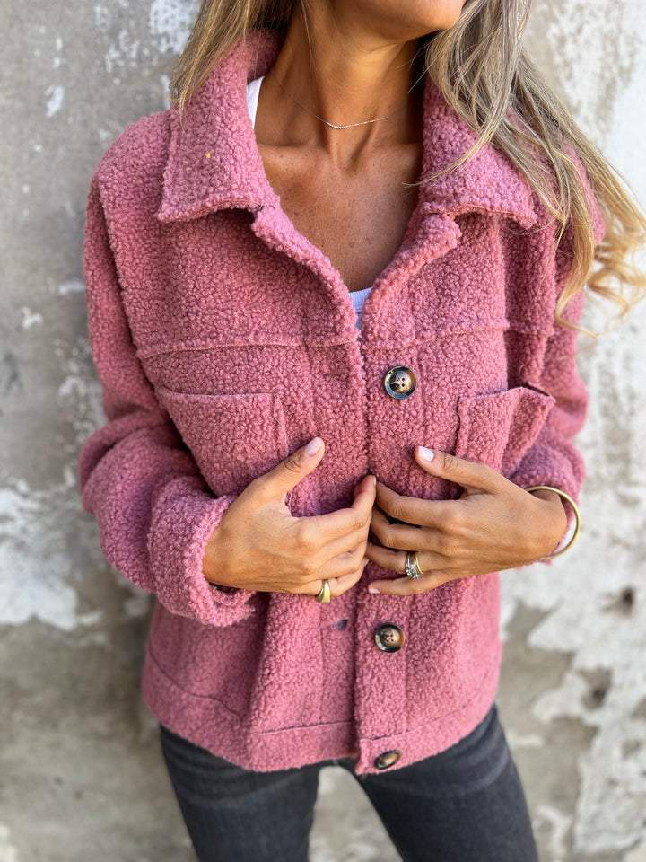 Damen Teddyjacke Übergangsjacke Plüsch Knopfleiste Baumwollmix - BXRLIN