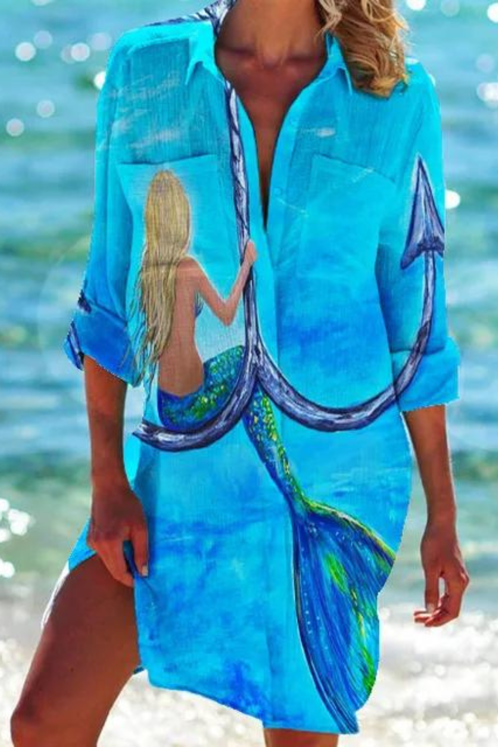 Dena | Lange Strandbluse mit Meeresmotiv