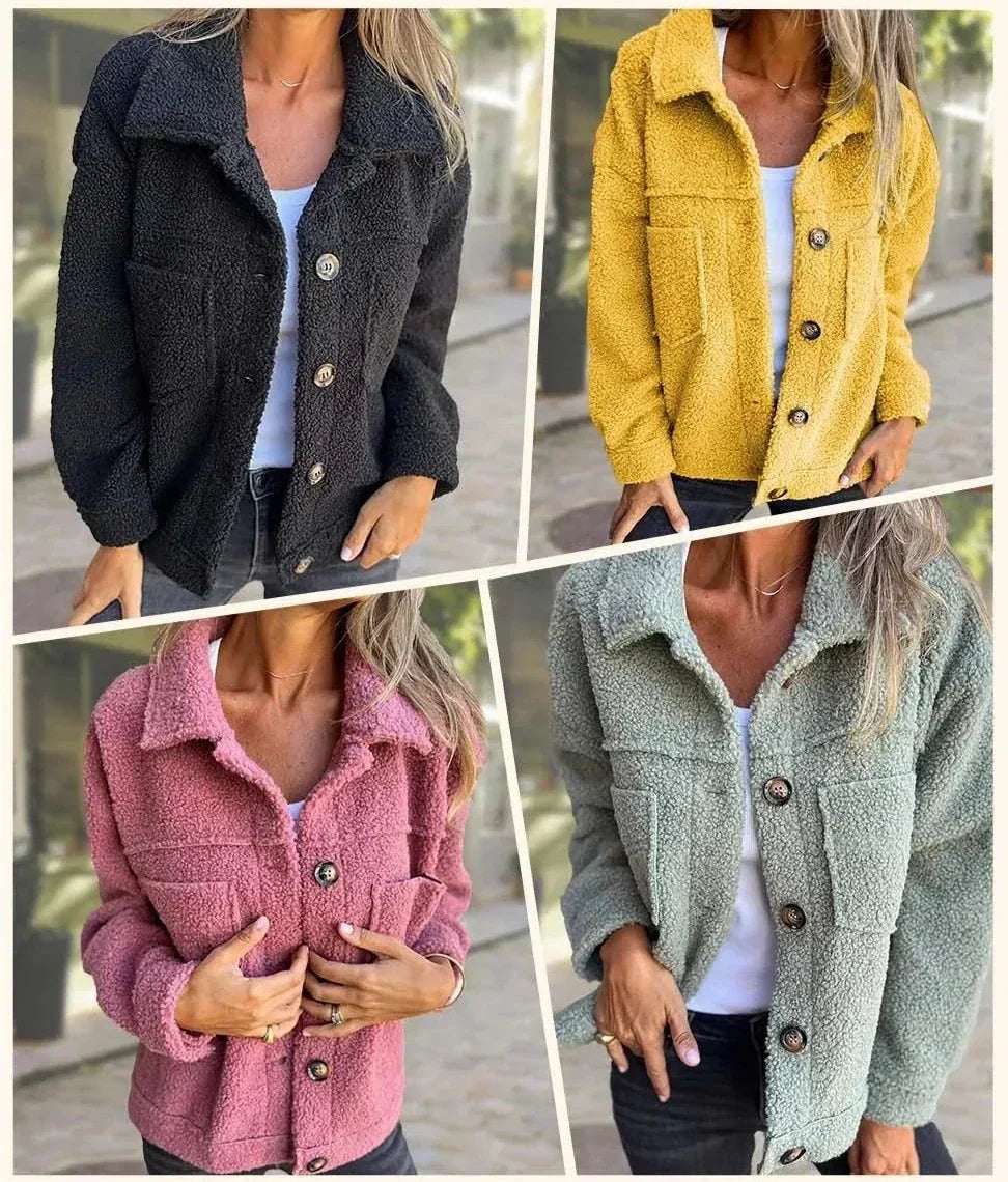 Damen Teddyjacke Übergangsjacke Plüsch Knopfleiste Baumwollmix - BXRLIN