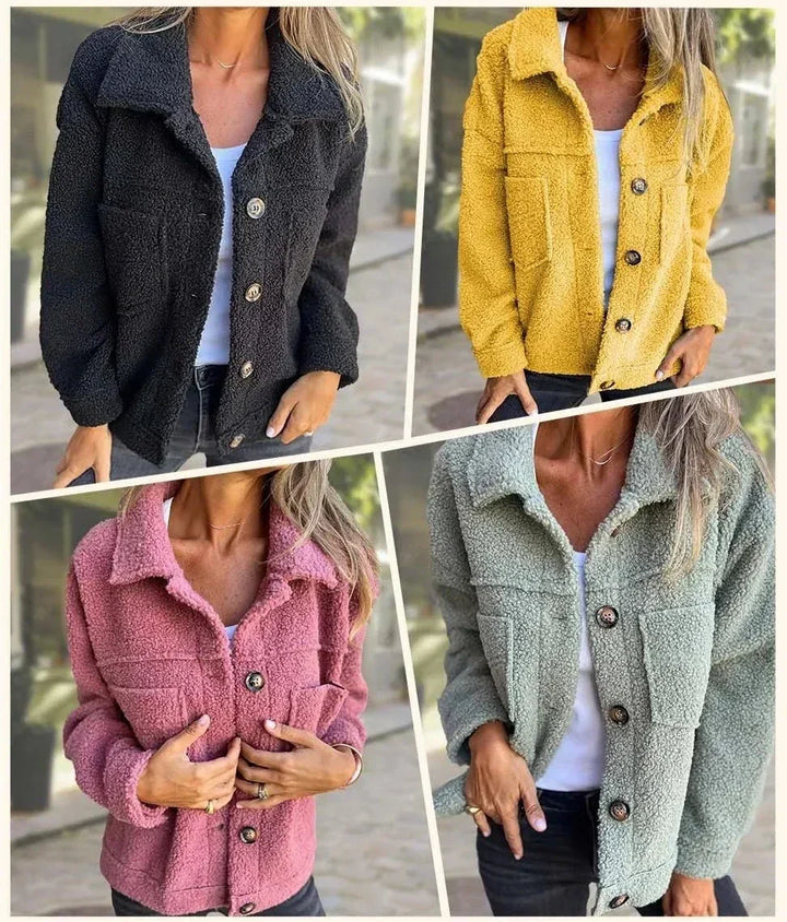 Damen Teddyjacke Übergangsjacke Plüsch Knopfleiste Baumwollmix - BXRLIN
