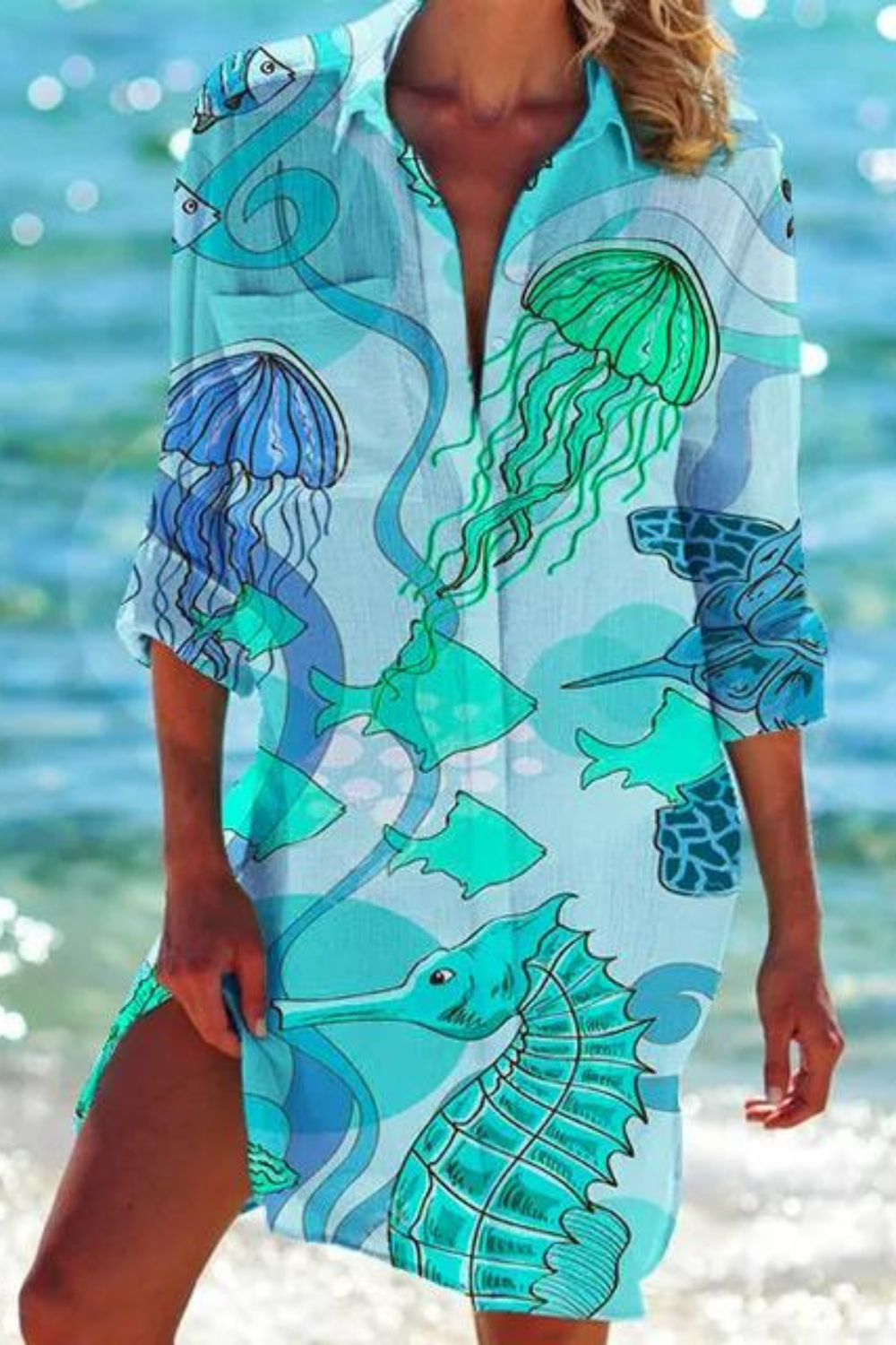 Dena | Lange Strandbluse mit Meeresmotiv