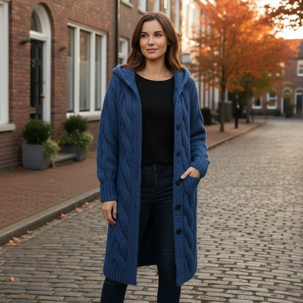 Helena | Lässiger Damen Strickmantel mit Kapuze