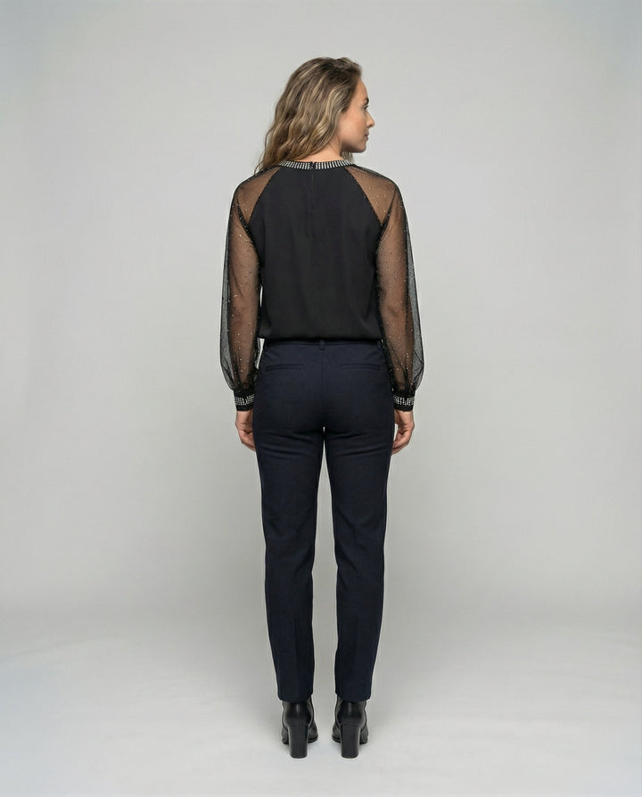 Damen Elegantes Mesh-Top mit Pailletten &amp; Transparenten Ärmeln