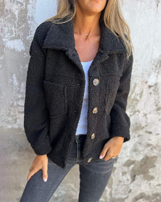Damen Teddyjacke Übergangsjacke Plüsch Knopfleiste Baumwollmix - BXRLIN